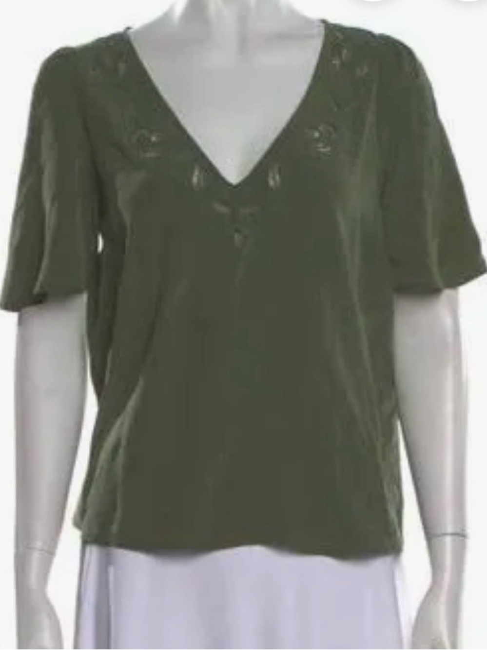 Sezane Olive Green V-Neck Embroidered Short Sleeve Blouse